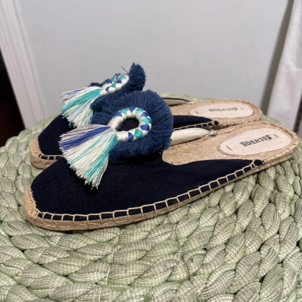 NEW Soludos Kiki Tassel Midnight Blue Canvas Slip On Flat Mule Espadrilles